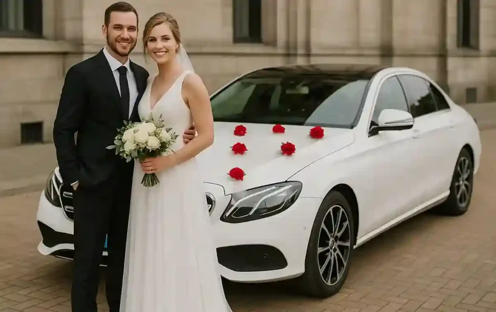 Echtpaar bij witte Mercedes